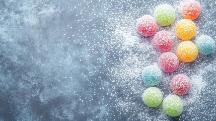 Colorful sugar coated candies in vibrant pastel hues scattered with powdered sugar on a textured gray background with ample empty space for text.