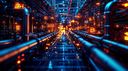 Fototapeta premium Futuristic Industrial Pipes: A Glowing Network of Metal and Technology sentencesa