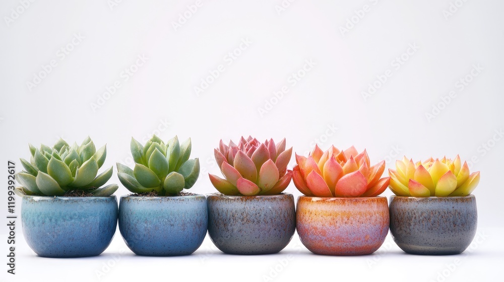 Poster vibrant succulents in decorative blue and pink pots arranged in a row with soft focus empty white ba