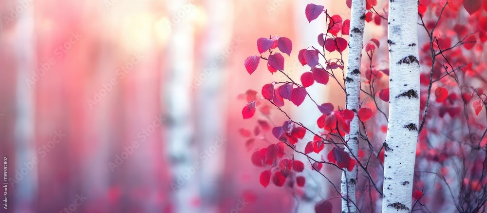 Poster defocused autumn birch trees featuring vibrant red and purple leaves in a serene wilderness setting 