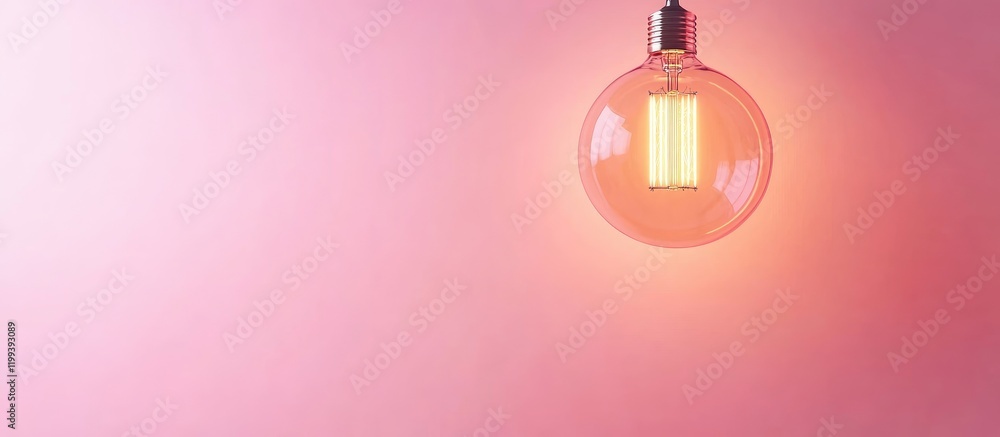Poster amber filament bulb gently hanging against a soft pink background with ample negative space for text