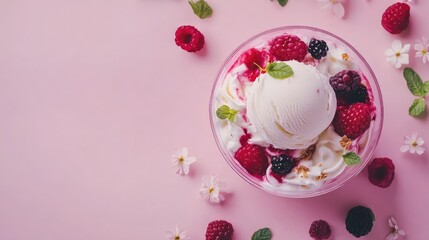 Fototapeta premium Homemade ice cream topped with fresh raspberries, blackberries, and mint on a pastel pink backdrop with decorative flowers and free space for text.