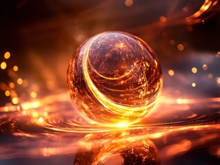 Abstract glowing sphere with swirling light trails and bokeh effect in fiery hues