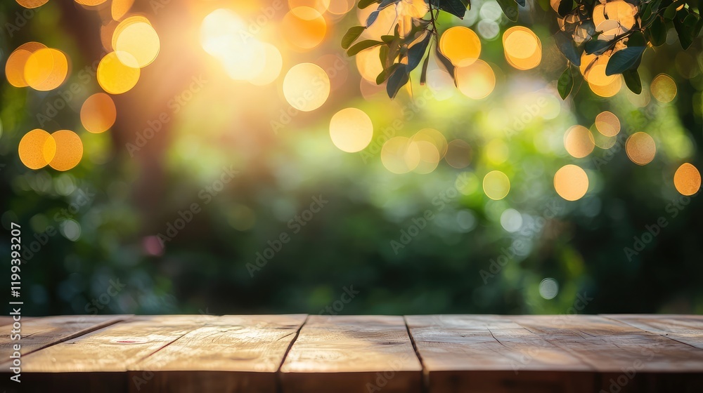 Poster colorful summer bokeh background with warm golden light and green foliage above a rustic wooden tabl