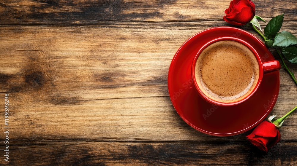 Poster red coffee cup beside fresh red roses on a rustic wooden table with inviting empty space for text an