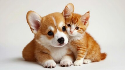 Adorable Corgi Puppy and Ginger Kitten Cuddle