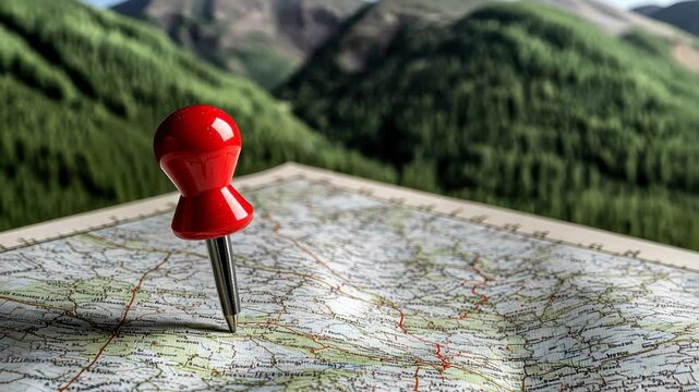 Exploring beautiful mountain hiking trails using a detailed map and a bright pin to mark the perfect spots for outdoor adventures