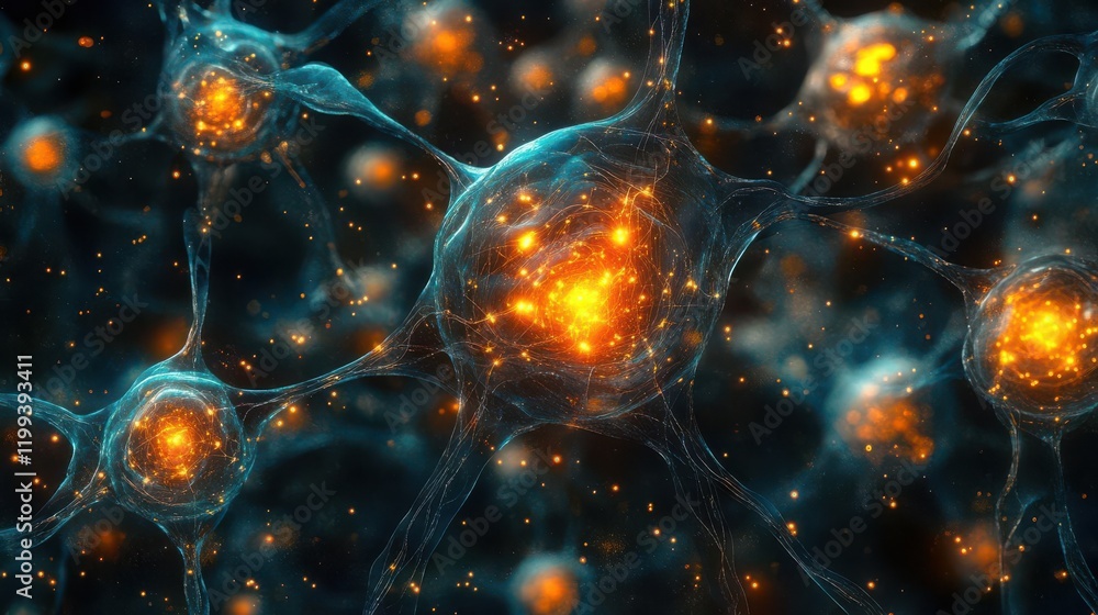 Poster a vibrant close-up of interconnected neurons, showcasing glowing synapses and intricate neural netwo