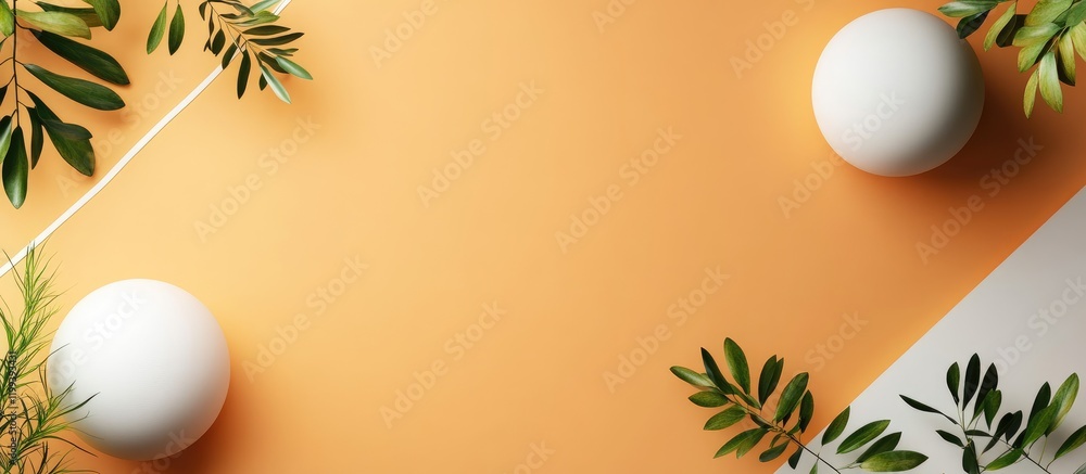 Poster contemporary minimalistic design featuring white spherical objects and green foliage on an orange ba