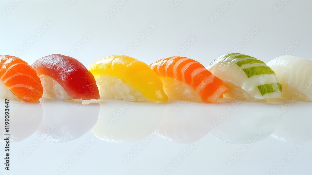 Poster Vibrantly colored sushi pieces lined up on a glossy white surface with ample negative space for text integration.