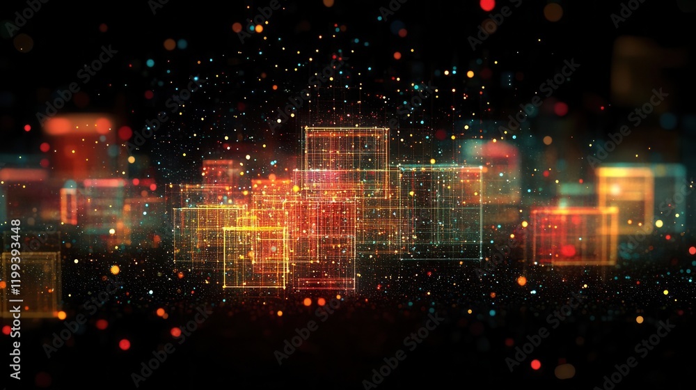 Poster a vibrant digital abstract background featuring illuminated boxes and particles, creating a sense of