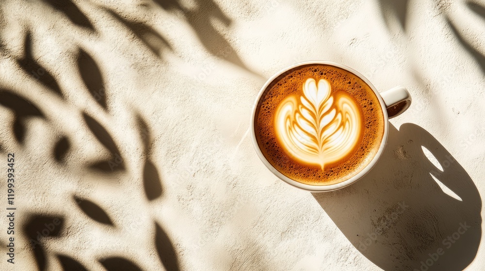 Poster warm coffee cup with intricate latte art resting on a textured surface adorned with soft leaf shadow