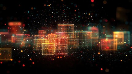 Obraz premium A vibrant digital abstract background featuring illuminated boxes and particles, creating a sense of depth and movement.