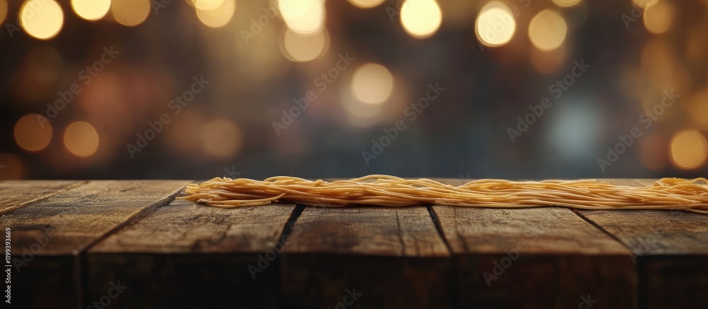 Poster defocused golden raw spaghetti strands on a rustic wooden table with blurred warm bokeh lights backg