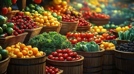 A vibrant display of fresh produce at an outdoor farmers' market