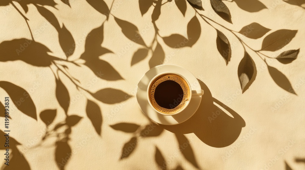 Aufkleber coffee cup casting leaf shadows on warm beige wall with negative space for text in a serene and tran