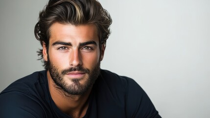 Obraz premium Young male patient with stylish hair and a beard in dental clinic setting while dentist provides care against light gray backdrop, ample copy space for text.