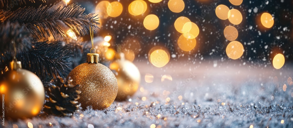 Poster defocused snowy background with golden christmas ornaments and bokeh lights in warm tones creating a
