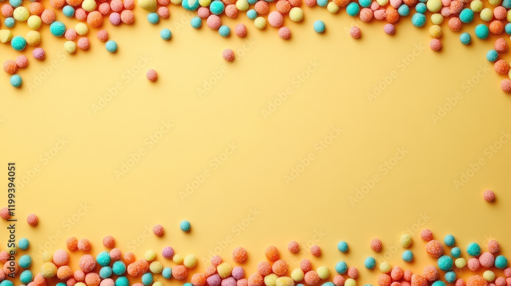 Poster colorful candy sprinkles in pink orange and blue on yellow background with generous empty copy space