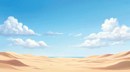 Expansive Sandy Dunes under Bright Blue Sky with Clouds and Distant Sea View