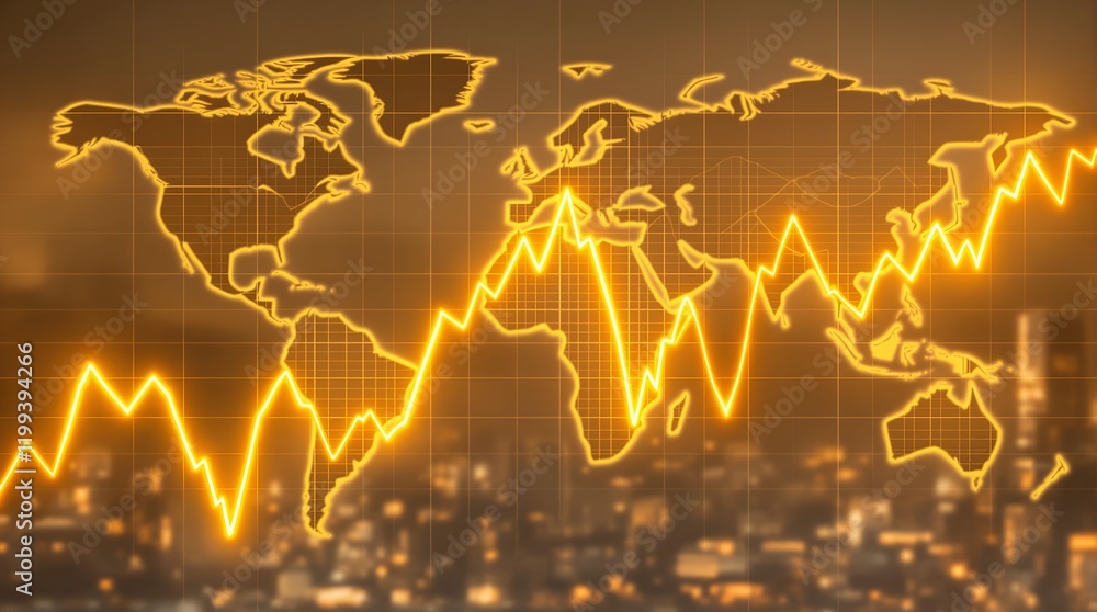 Poster navigating success: business chart featuring glowing arrows and a world map