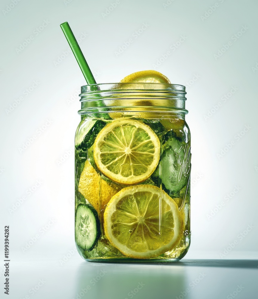 Poster refreshing and vibrant beverage jar with cucumber and lemon slices, perfect for summer quenching thi