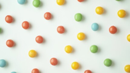 Colorful Assorted Candies Flat Lay on White Background with Empty Space for Text
