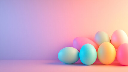 Colorful pastel eggs in shades of blue, pink, and green arranged on a smooth surface with a soft gradient background transitioning from pink to purple