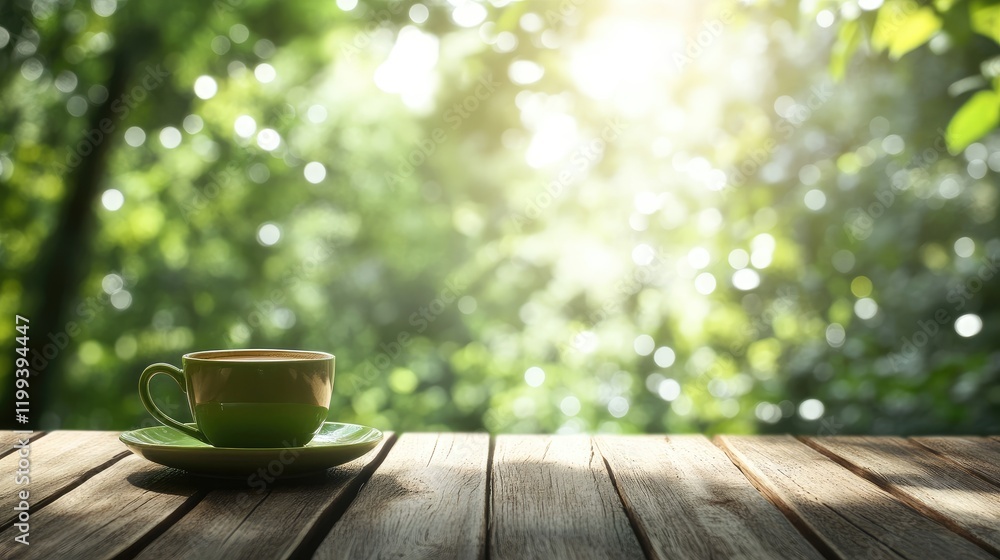 Poster green coffee cup on rustic wooden table with blurred lush green background and soft sunlight creatin