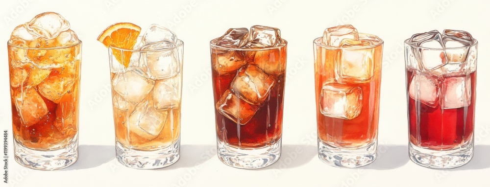 Poster refreshing assortment of cold beverages with ice cubes and citrus accompaniments displayed on a ligh
