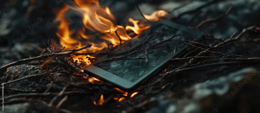 Poster close up of a burning kindle tablet surrounded by fiery orange flames and charred twigs on a dark ro