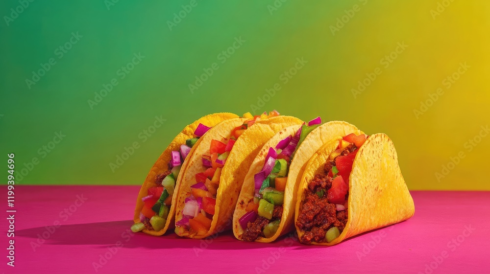 Poster vibrant colorful tacos with various fillings arranged on a bright gradient background featuring gree