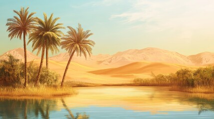 Obraz premium Desert oasis featuring palm trees and dates in a bright landscape with water reflections