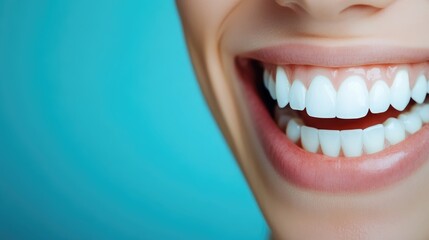 Obraz premium Radiant Smiling Teeth Against Soft Blue Background with Dental X-ray Concept Showcasing Youthful Jaws and Space for Text Integration