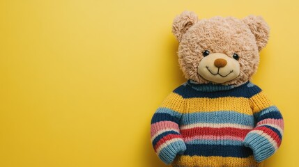 Striped Sweater Teddy Bear on Bright Yellow Background with Text Space