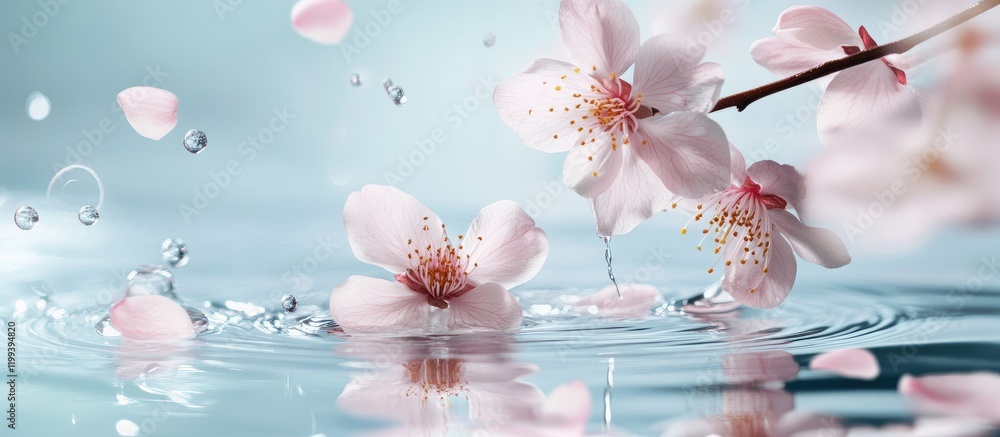 Poster soft pink cherry blossoms gently floating on tranquil aqua water surface with reflection and copy sp