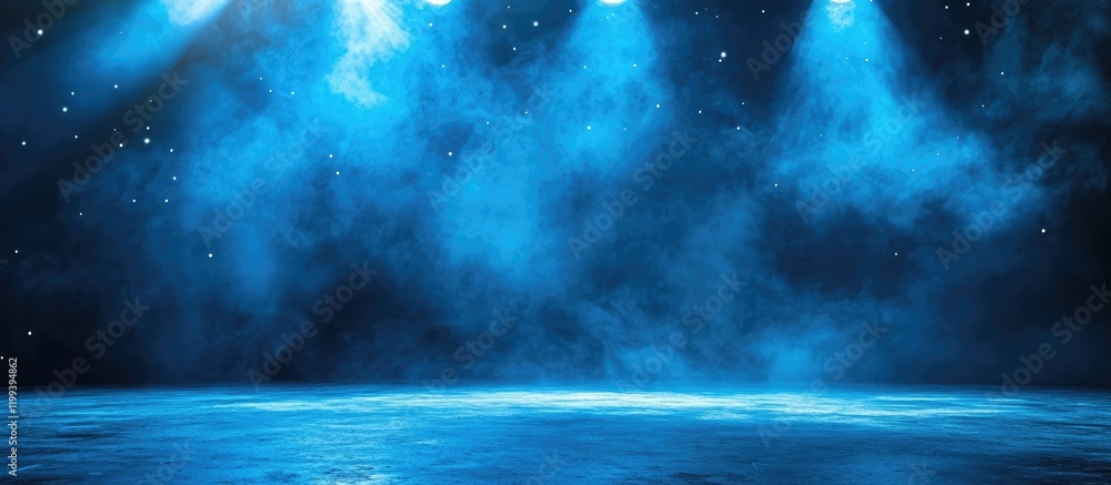 Poster defocused blue spotlight background with fog and shimmering stars on a dark floor creating a dreamy 