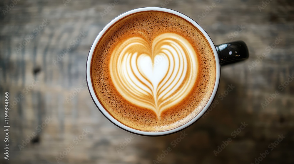 Poster top view of heart latte art in black cup on rustic wooden table with warm brown tones and space for 