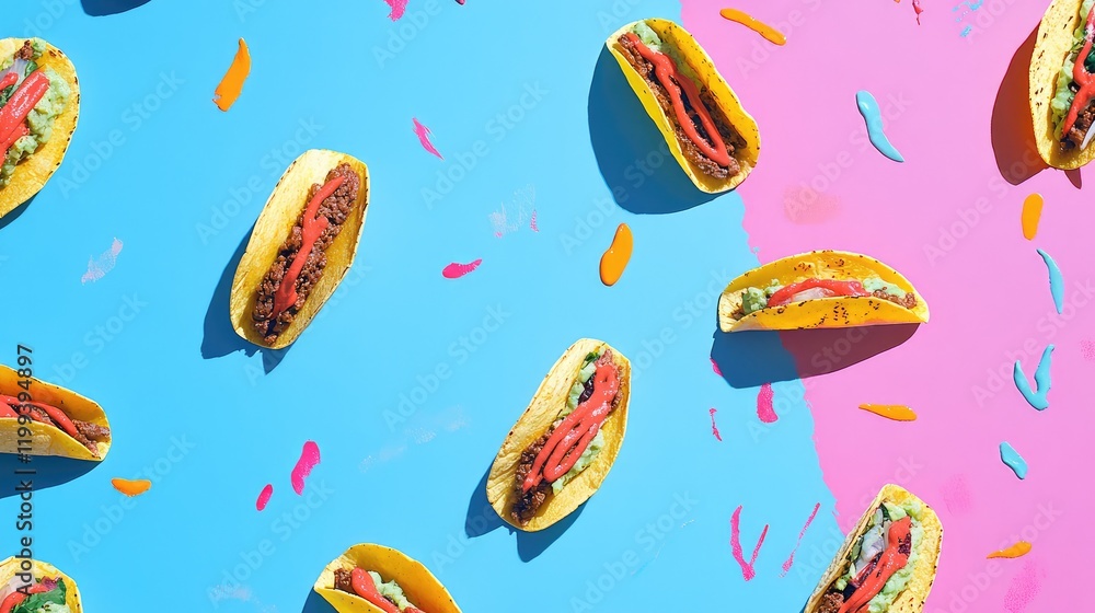 Poster vividly arranged tacos with assorted fillings scattered on a split blue and pink background, featuri