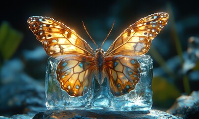 Golden butterfly frozen in ice cube.