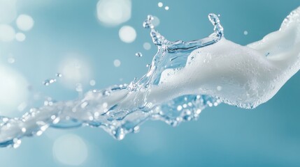Dental floss surrounded by vibrant blue water splashes and delicate white soap foam on a fresh turquoise background with ample copy space for text