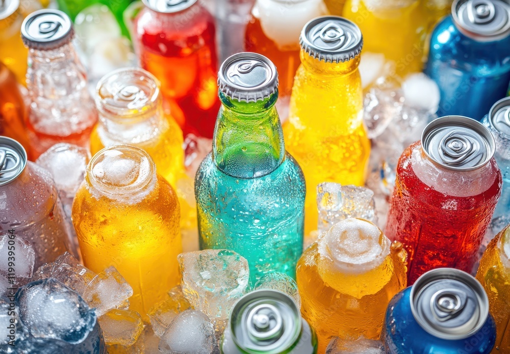 Poster refreshing assortment of colorful bottled beverages surrounded by ice cubes perfect for summer parti
