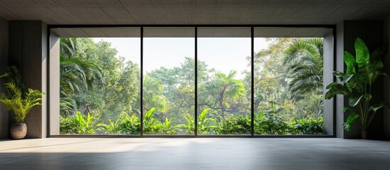 Fototapeta premium Contemporary Indoor Space Featuring Expansive Floor-to-Ceiling Windows Overlooking Lush Greenery with Space for Text and Plants in Soft Natural Light