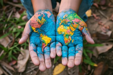 Colorful world map painted on hands symbolizing global unity and responsibility