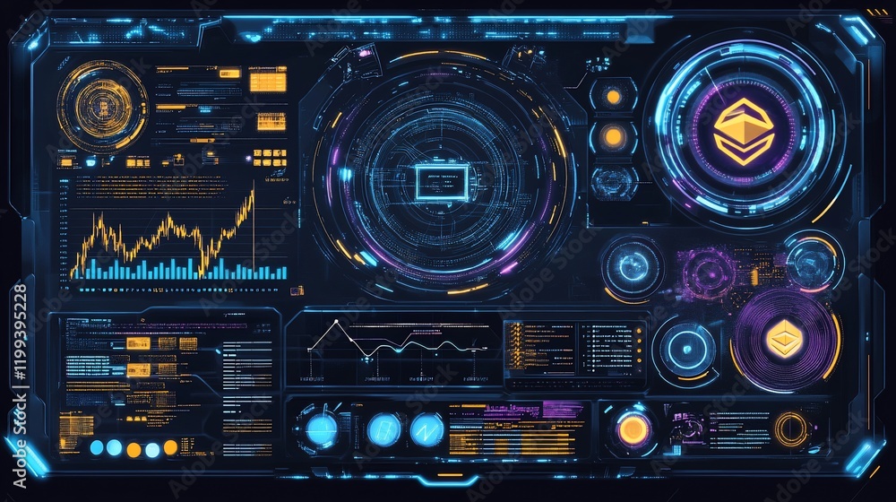 Poster futuristic tech dashboard: cryptocurrency and data visualization