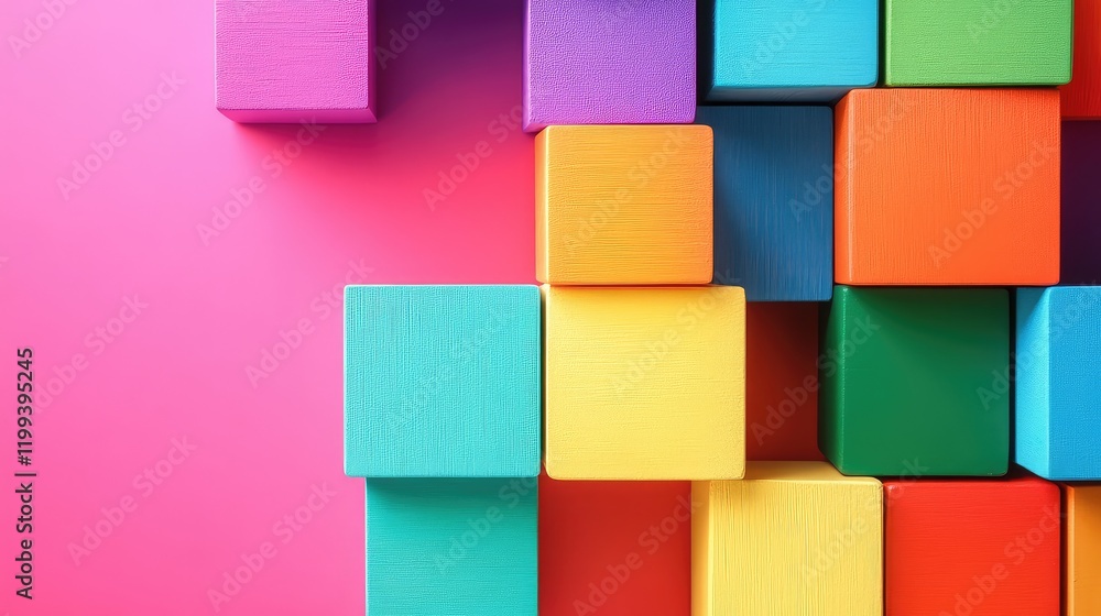 Poster vibrant arrangement of wooden blocks in various colors on a pink background, creating a visually eng
