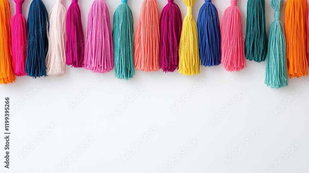 Aufkleber vibrant colorful tassel string curtain in various shades hanging against a clean white background of