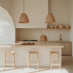 Obraz premium Minimalist Kitchen Island with Woven Lamps and Stools