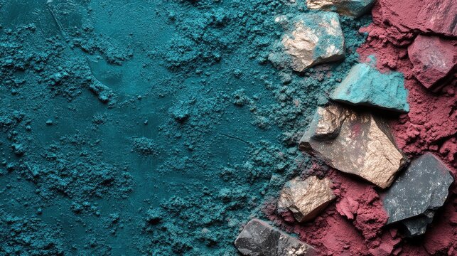 Colorful Teal and Mahogany Powder with Tremolite Stone Background and Varied Textures in Top Corner Composition with Blank Space for Text