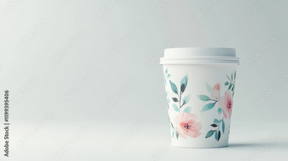 Poster floral coffee cup mockup on soft gray background with empty space for custom text and bright pastel 
